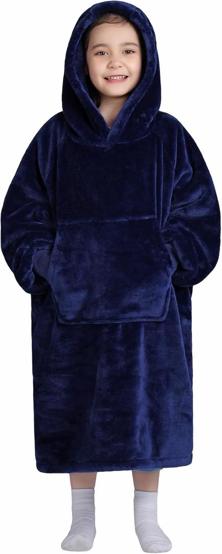 Waitu Wearable Blanket for Kids, Wearable Blanket Hoodie for Teens Girls Boys, Warm Blanket Sweatshirt Gift for Teenage, Hoodie Blanket with Sleeves - Navy