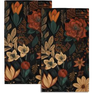 Giwawa Boho Floral Hand Towels Set of 2 Black Mid Century Fingertip Towel Absorbent Face Towel Soft Dish Towels for Gym Bath Kitchen Home Decor