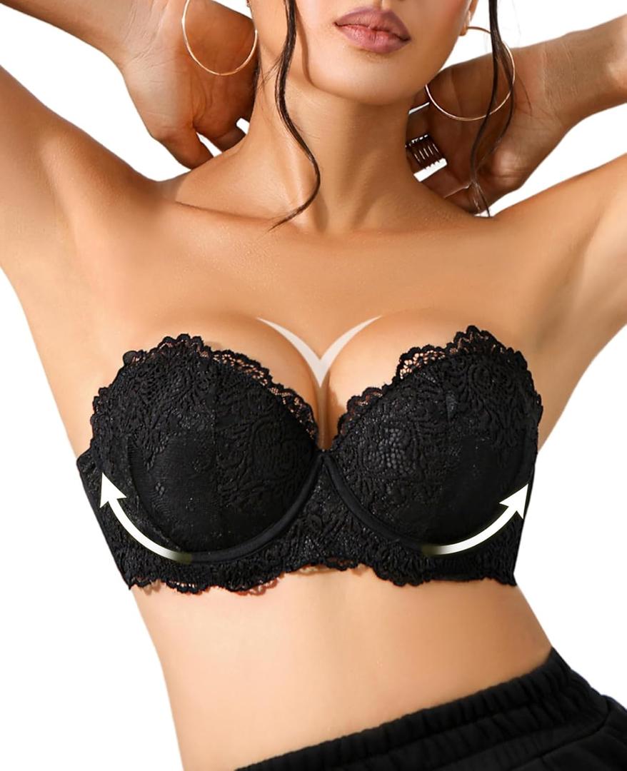 YANDW Padded Strapless Bra Push Up Add 2 Cup Supportive Bras for Women with Clear Straps Multiway Lace Balconette (Black) 38A