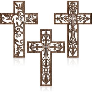 Yookeer 3 Pcs Wooden Wall Hanging Cross Handmade Antique Cross Hanging Decor Religious Brown Wooden Home Decorations Hand Carved Wall Decor for Living Room Nursery Wedding