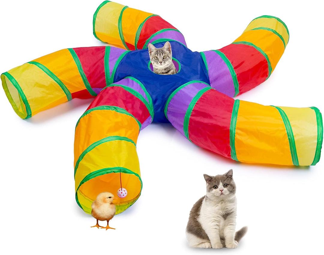 EGETOTA Cat Tunnel for Indoor Cats Large, with Play Ball S-Shape 5 Way Collapsible Interactive Peek Hole Pet Tube Toys, Puppy, Kitty, Kitten, Rabbit (Multicolor)