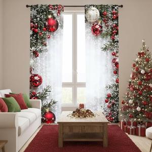 Christmas Ball Holiday Printed Curtains, 2 Pieces 2D Flat Printed Red Luxury Xmas Print Curtains with Snowflakes and Pine Branches for Bedroom Living Room Holiday Party Decor(white)7x3 ft