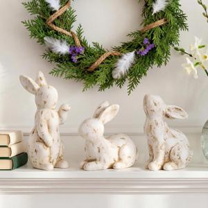 Fovths Easter Bunny Decorations Set of 3, Vintage Resin Bunny Figurines Decor, Rustic Off-White Rabbit Statue, Farmhouse Spring Table Centerpiece for Easter, Mantel, Home Dcor