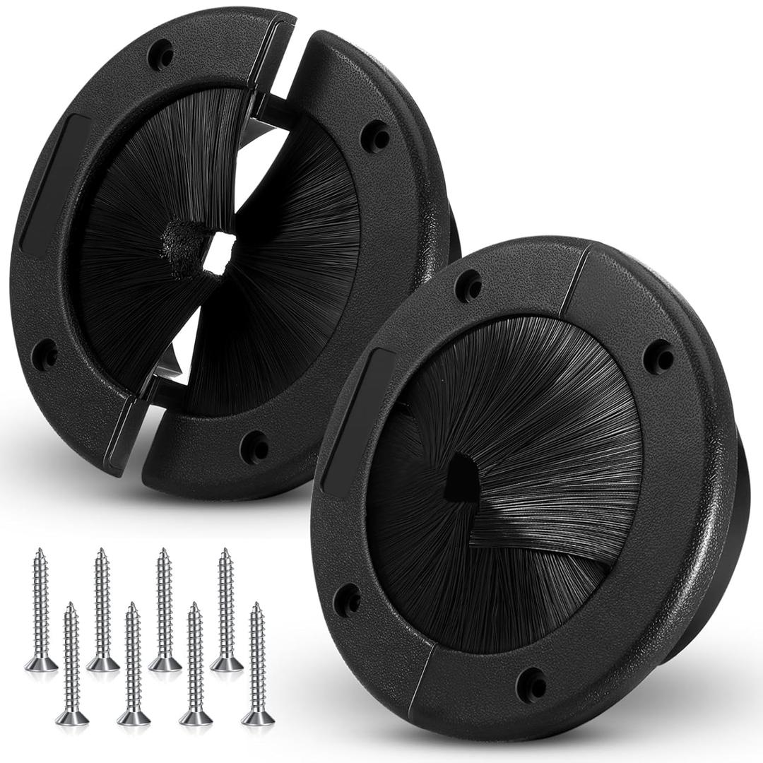 Threlaco 2 Pack 4" Round Brush Grommet Large Split Grommet Raised Floor Airflow Management for Home Data Center Wall Floor Cable Management Black