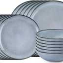 Herogo Stoneware Dinnerware Sets for 6, 18 Piece Ceramic Dinner Dishes Set, Irregular Handmade Plates and Bowls Dishware, Crack and Scratch Resistant, Reactive Glaze, Smoky Blue