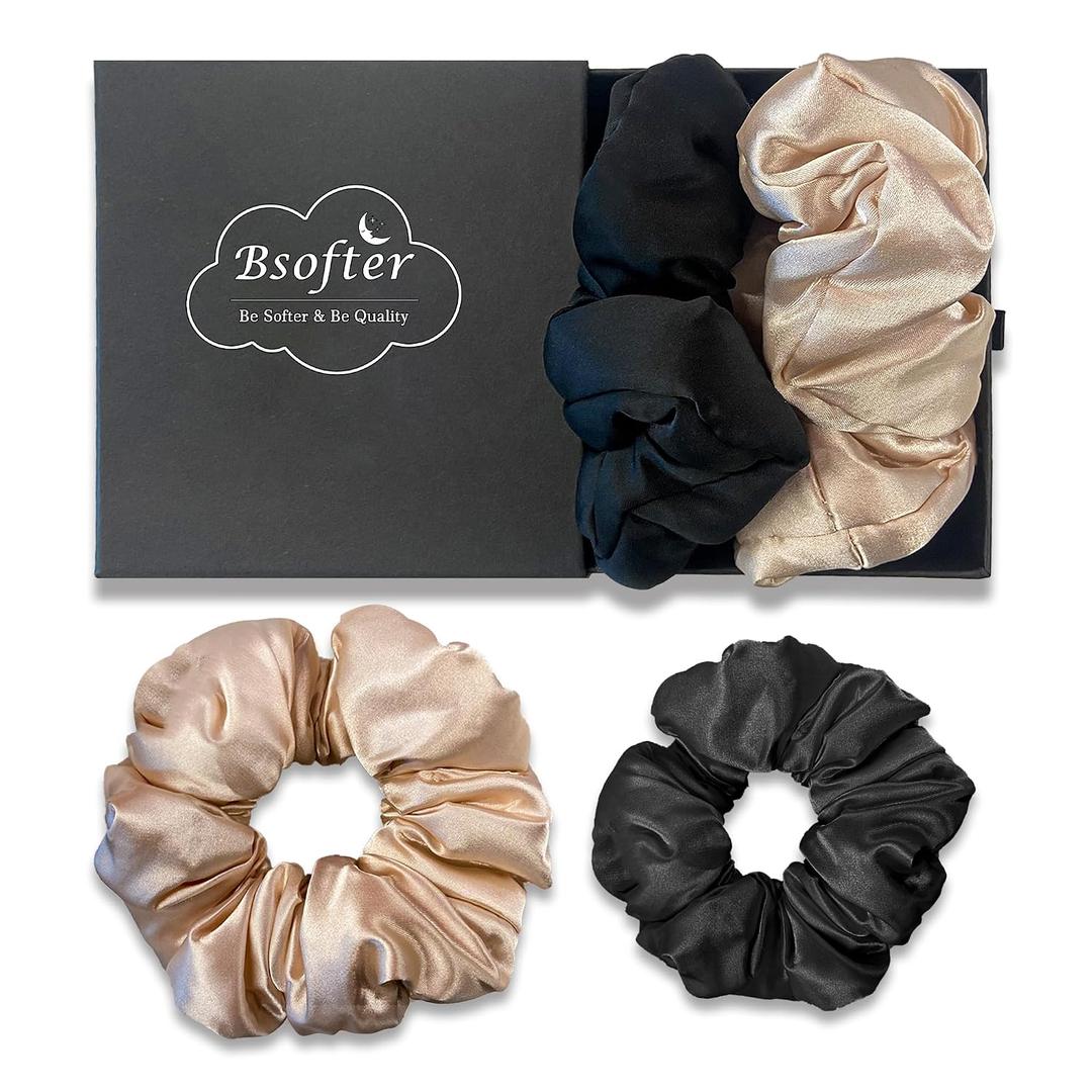 2 x Satin Hair Scrunchies for Women - Jumbo Scrunchies for Hair Sleep,Large Hair Ties Oversized Giant Satin Hair Ties for Thick Hair Large Scrunchy Hair Bands 2 Pcs Black&Champagne