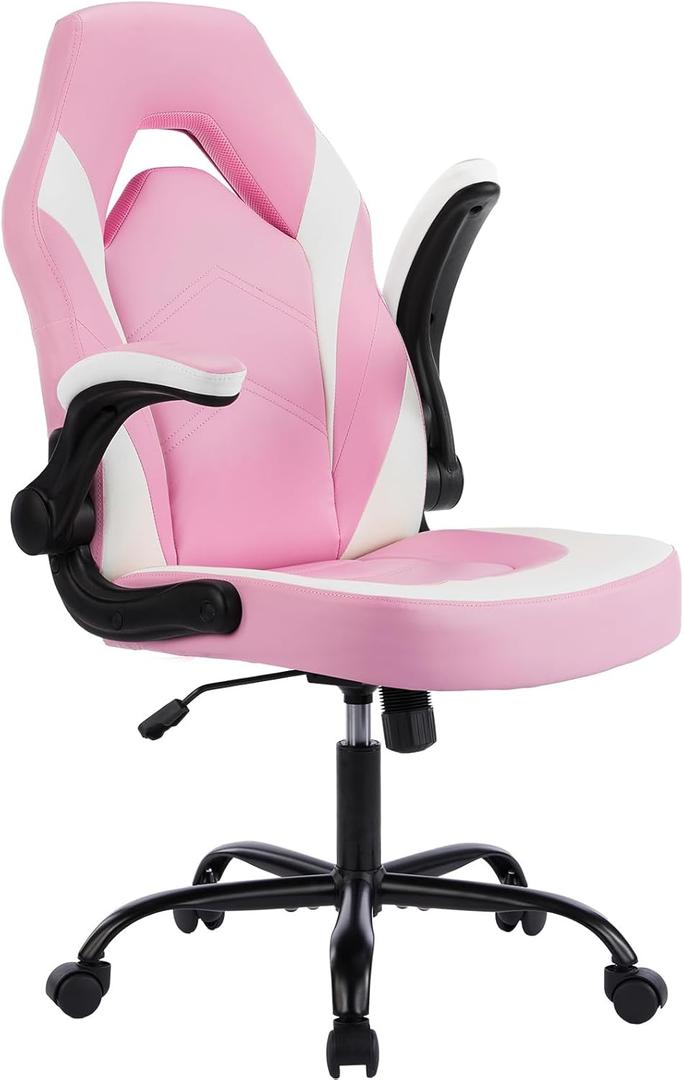 DUMOS Gaming Ergonomic Office Chair for Adults, Height Adjustable Computer Desk Chair with Flip-up Armrests, PU Leather Swivel Video Game Chair with 360 Rolling Wheels, Pink (19.7"D x 26"W x 41.8"H)