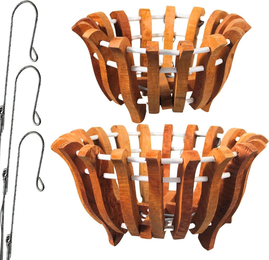 2 Rustic Specialist Orchid Baskets with Hangers for Outdoors, Lotus Flower Shape, 1 is 10 Inches Wide, 1 is 8 Inches, Orchid Tree Hanger