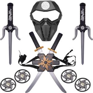 Ninja Toy Weapons Set with Backpack Case Swords Katana Throwing Discs Mask for Kids Role Play Costume Accessories