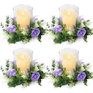 4 Pcs Purple Rose Candle Rings - Artificial Floral Wreaths with Eucalyptus Leaves Greenery Flower Wreaths for Pillar Farmhouse Wedding Centerpiece Party Home Decor