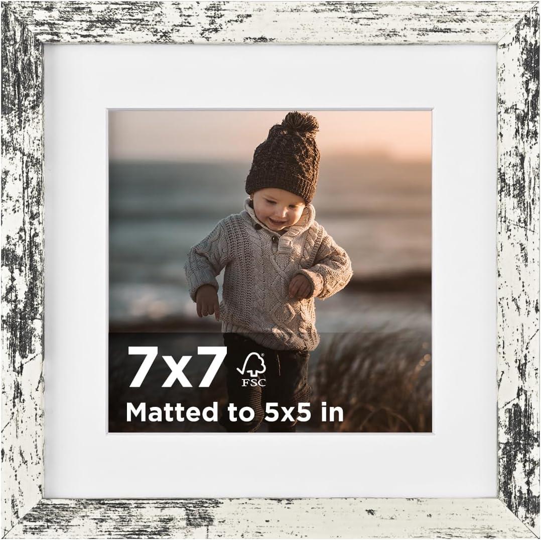 KINLINK 7x7 Picture Frame Rustic White Set of 1, Wooden Square Photo Frame Matted 5x5 with Plexiglass for 5x5 with Mat or 7x7 without Mat for Table and Wall Display