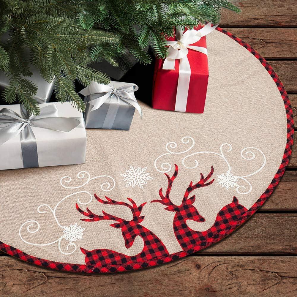 Christmas Tree Skirt, Classical Red and Black Plaid Reindeer Xmas Tree Holiday Home Decoration - 32 Inches