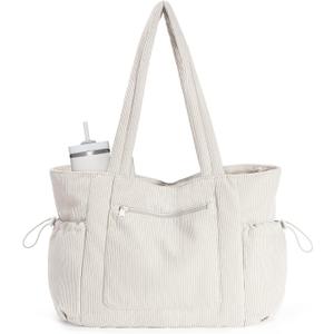 ECOHUB Tote Bag for Women Work Tote Bags with Laptop Compartment Large Corduroy Tote Bag Shoulder Bag Handbag for Travel (Beige)