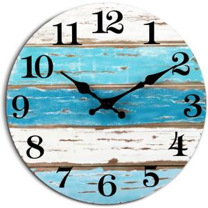 Beach Themed Blue Wall Clocks Battery Operated Silent Non-Ticking, Vintage Round Rustic Coastal Nautical Clock Decorative for Home Kitchen Living Room Office Bathroom Bedroom (10 Inch)