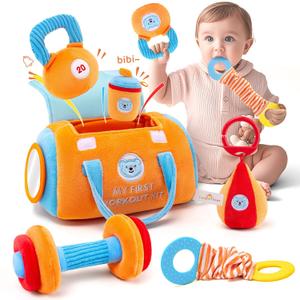 Baby Toys 3-6-12 Months Sensory Toy for Babies Workout Dumbbell Weights Toy Set with Rattles,Crinkle,Mirror & Teether,Montessori Toys for 6 Month Old Infant Baby Girl Boy Gifts