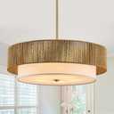 Kackae Boho Rattan Chandelier 24'' Gold Hand Woven Chandeliers with Fabric Shade 5-Light Drum Pendant Light Fixture for Dining Room Bedroom Kitchen Hallway Foyer