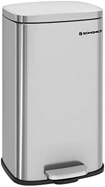 SONGMICS Trash Can with Lid, 8 Gallon Garbage Can, Stainless Steel Small Waste Bin with Step Pedal and Inner Bucket, Soft Close, Kitchen, Silver ULTB03NL