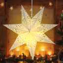 Kingdder Star Paper Lanterns Lampshade with LED Light 7 Pointed Moroccan Hollow out Stars Party Decoration for Weddings Christmas Tree Birthday, 20 Inches(Warm Yellow)