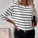 LilyCoco Womens 3/4 Length Sleeve Tops Striped Boat Neck Shirt Frenchy Cotton Tees White Small (S)