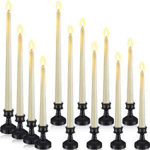 12 Pcs Flameless LED Taper Candles with Candlestick Battery Operated 8.5" 9.6" 10.8" 12.8" Flameless Flickering Candlesticks for Christmas Wedding(Black Holder & Ivory Candles)