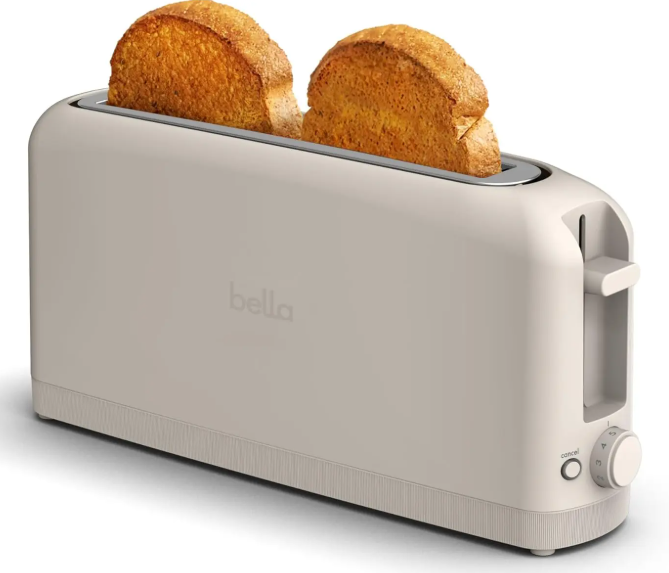 bella 2 Slice Slim Toaster, Fitsanywhere™ Kitchenware, 6 Setting Shade Control with Reheat & Cancel Buttons, Fits sourdough, 10” Long Slot, Anti Jam & Auto Shutoff, 900 Watt, Oatmilk