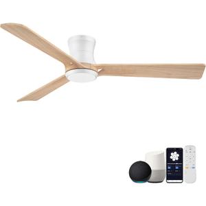 Hoenofly 52in Smart Ceiling Fans with Lights, Remote/APP/Alexa Control, Low Profile Flush Mount Ceiling Fan for Modern Bedroom Living room Patio, Light Wood& White, 6 Speeds, Quiet, Outdoor Indoor Use