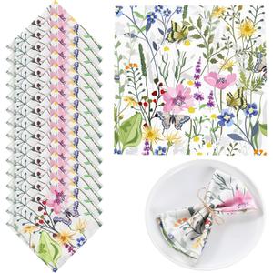 Maxcheck 24 Pcs Reusable Cotton Cloth Napkins 16 x 16 Inch Floral Flower Washable Cocktail Dinner Napkins for Family Dining Wedding Party Table Decoration(Fresh Flower)
