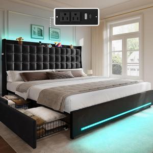 YITAHOME King Size Bed Frame, 4 Drawers and RGB LED Light,Charging Station | Velvet Upholstered Platform Bed with Storage Headboard, No Box Spring Needed, Easy Assembly, Noise-Free, Black