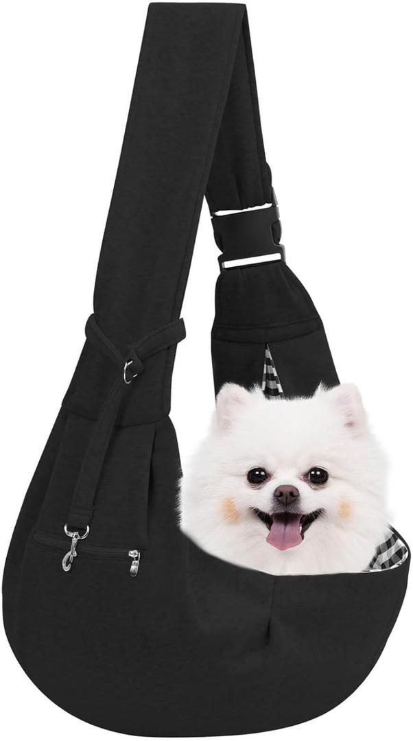 Adjustable Dog Carrier Sling - Hand-Free Dog Carriers for Small Dogs and Cats, Puppy Sling Carrier with Zipper Purse Pocket, Travel Safety Harness, Puppy Essentials (Black)