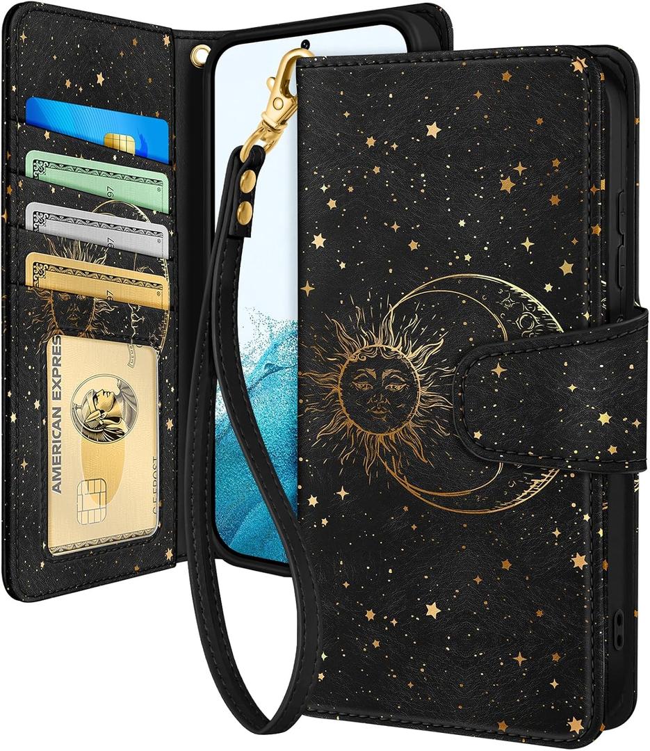 Toycamp for Samsung Galaxy S21 FE Wallet Case with Wrist Strap - Leather Flip Folio Cover with RFID Blocking 4 Card Slots Galaxy S21 FE 5G Cute Aesthetic for Women Lady, Black Sun Moon