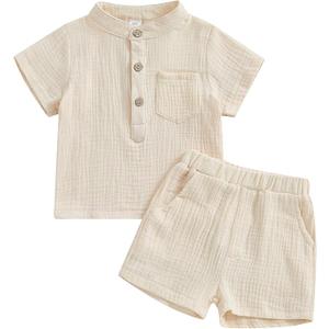 Arshiner Toddler Baby Boys Clothes Set ButtonDown Shirt Tops + Textured Shorts 2 Pcs Summer Outfit with Pocket White 90 