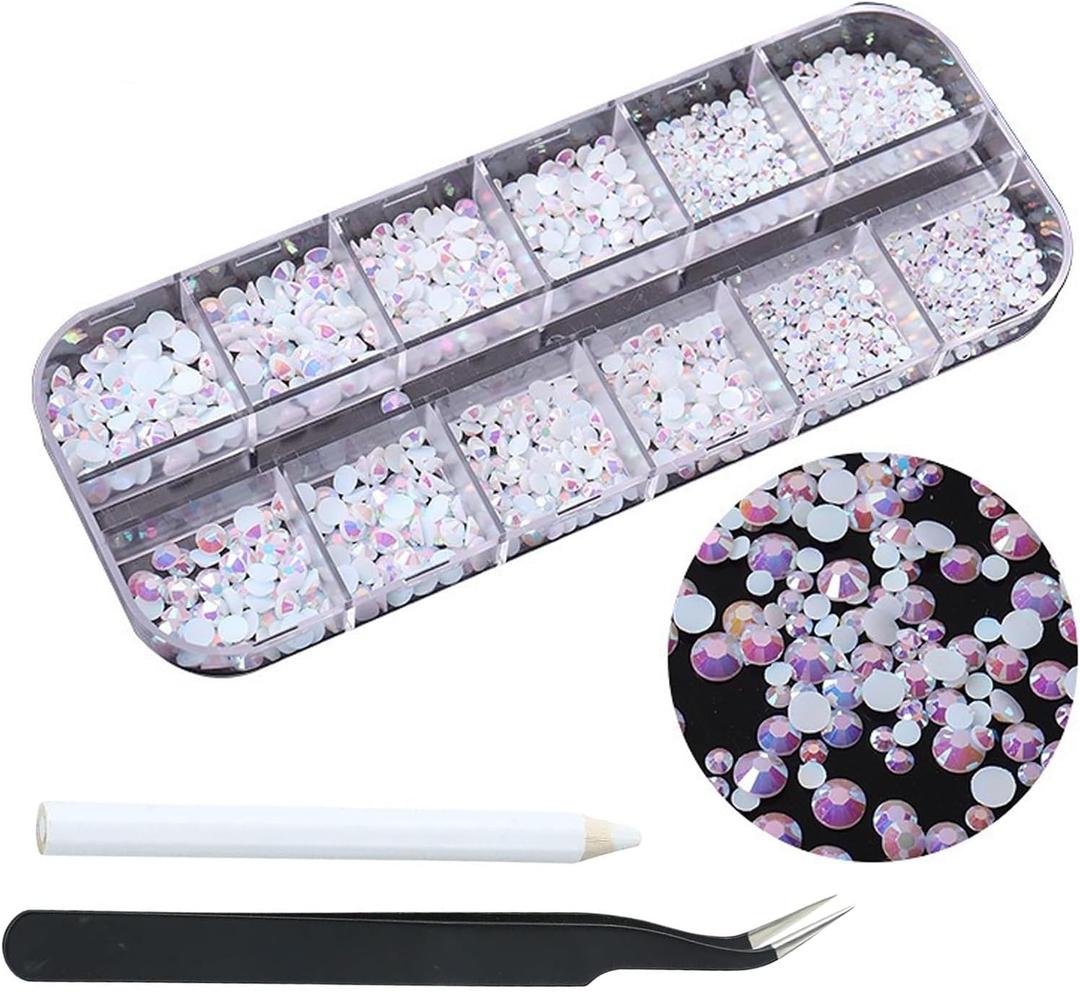 1500pcs White Flatback Rhinestones 3 Sizes Glass AB Crystal Diamonds for Nail Art Eye Jewels Crafts Clothes Shoes Make up Round with Tweezers and Picking Pen for Women Girls Manicure