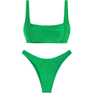 ZAFUL Women Strapless High Cut Bandeau Bikini Lace Up 2 Pieces Swimwear (Medium, 10-deep Green)