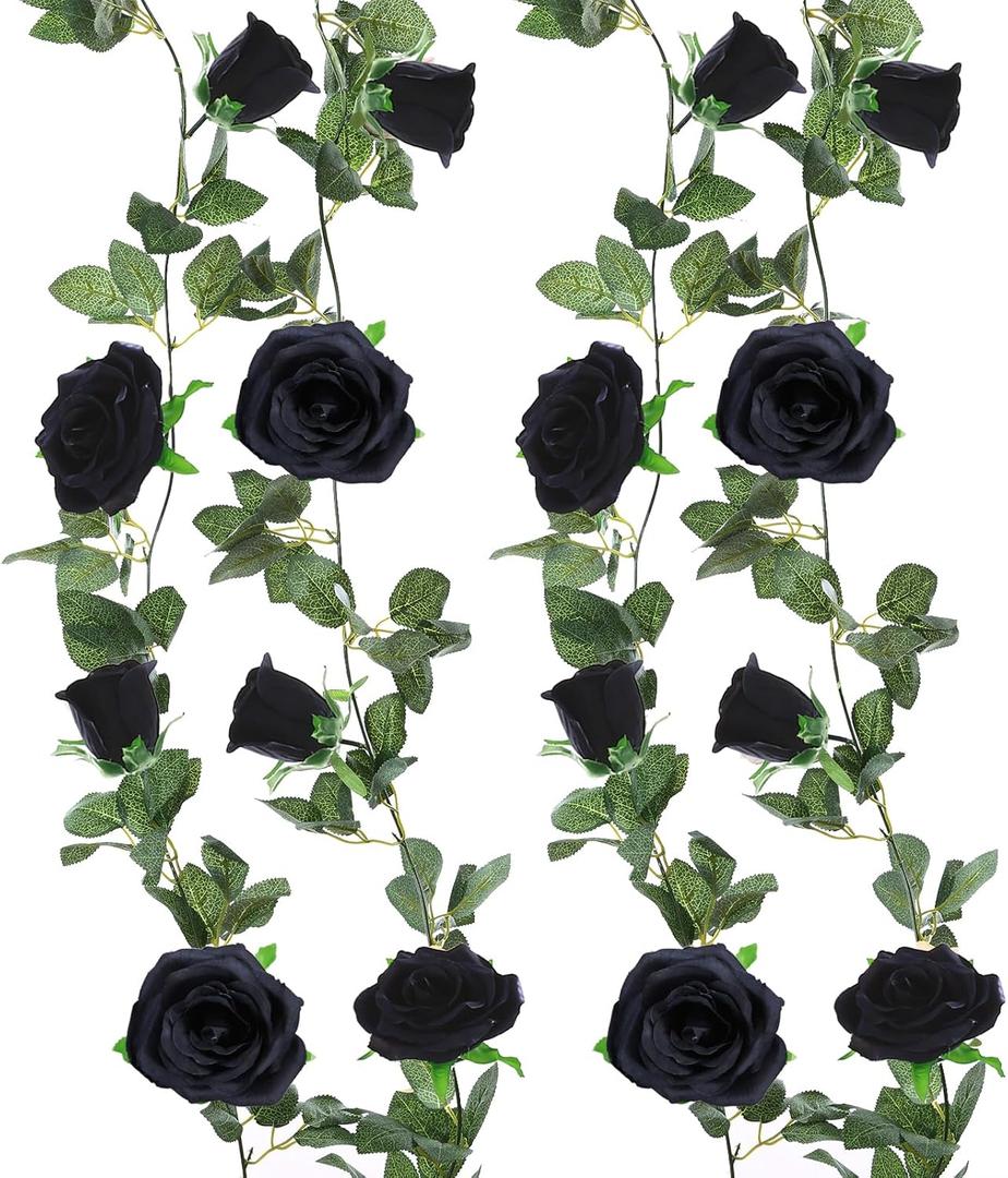 Felice Arts 2 Pack Black Artificial Flower Garland Each 6.5FT Fake Rose Vine Hanging Rose Garland for Thanksgiving Day Wedding Flowers Xmas Table Centerpiece Arrangement Mirror Decor
