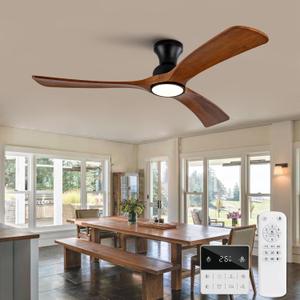 52 inch Flush Mount Ceiling Fans with Lights,Remote Control,Wall Switch,Solid Wood Blades,Dimmable,Reversible,Noiseless,Power Off Memory Low Profile Ceiling Fan for Bedroom Patio Indoor/Outdoor