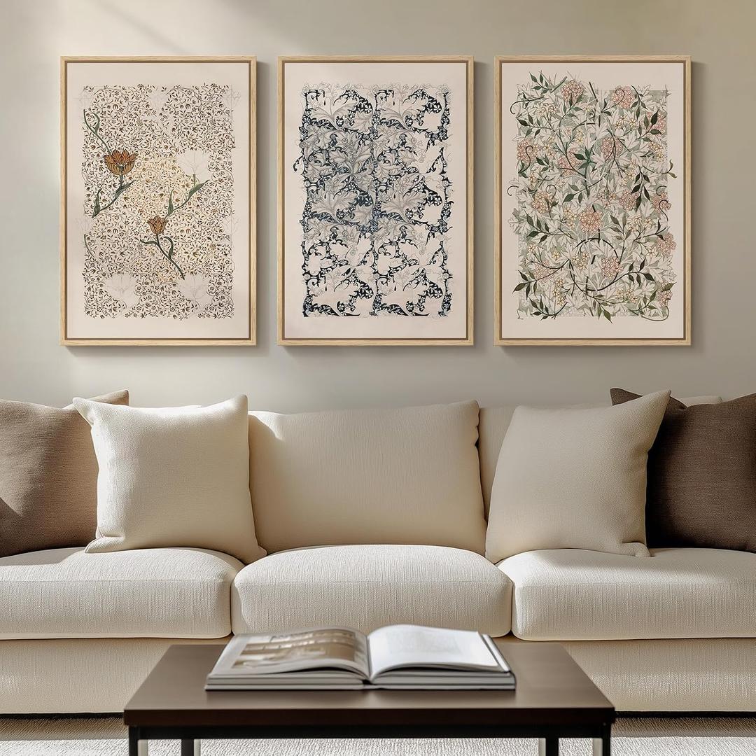 Framed William Morris Canvas Wall Art for Living Room, Set of 3 Large Neutral Floral Botanical Prints, Vintage Rustic Boho Pictures for Bedroom Hallway Office, 16x24 Inch, 16"W x 24" H x 3Pcs