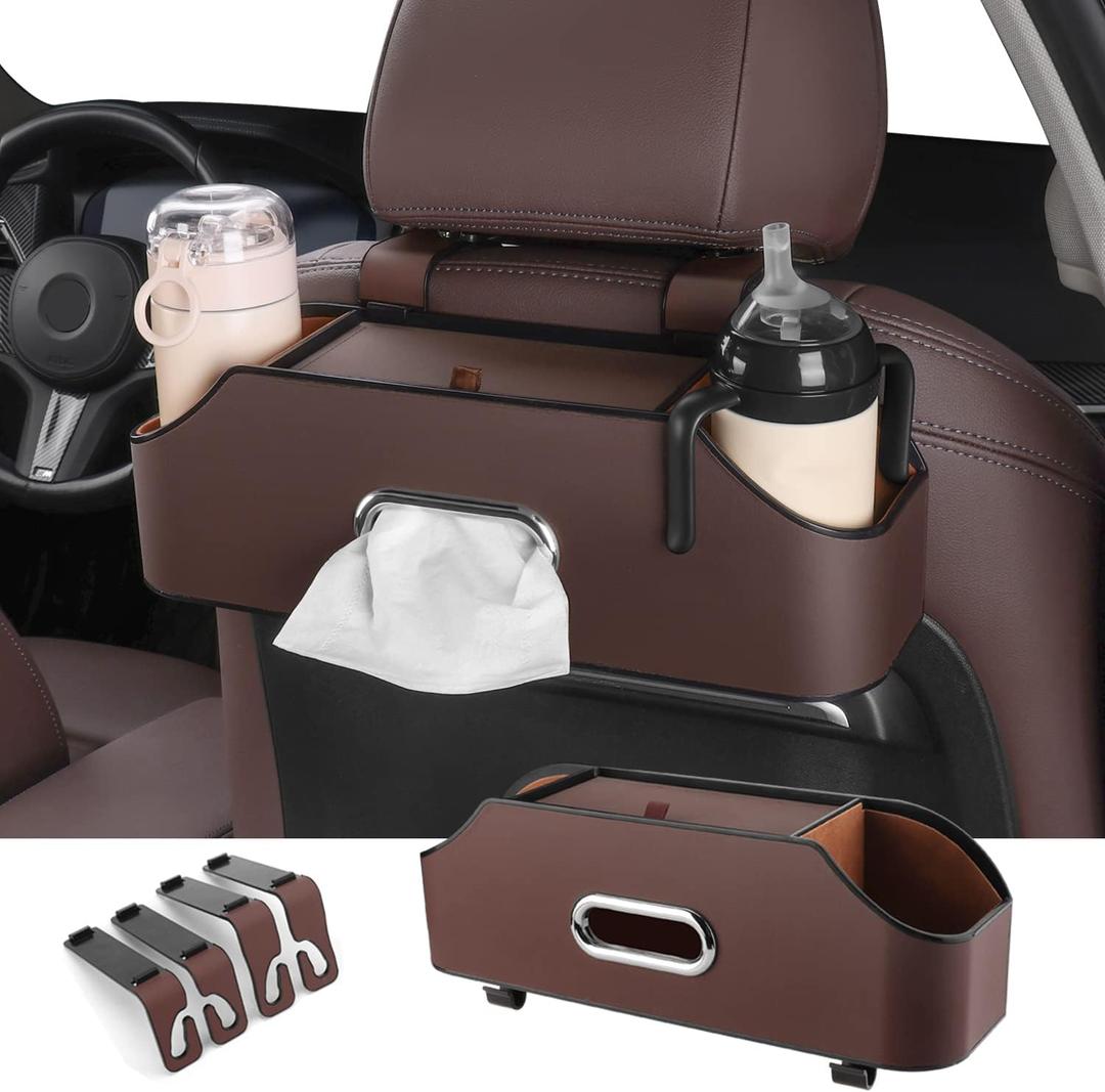HOLDCY Car Back Seat Organizer with 2 Drink Cup Holder - Tissue Box and Storage Box Hook - Multi-functional Storage - Great for Kids and Travel (Brown)