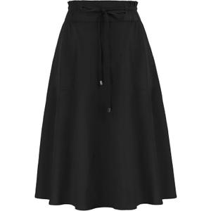 KANCY KOLE Women Casual Cotton Linen Skirts Frill Tie Waist A-Line Midi Skirt with Pockets (Black, L)