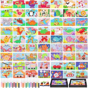 Tenceur 115 Pcs Kids' Sand Art Kits Color Sand Art Pictures Peel and Stick 12 Color Kit Painting Board Painting Tray Brush Bottles (Animal, Dinosaur, Underwater, Transportation)