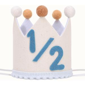 Blue and Cream 1/2 Birthday Hat for Baby Boys Halfway to One Birthday Crown, Light Blue Felt Number Half Bday Decorations, 6 Months Milestone Party Hat for Baby Boy Photo Prop