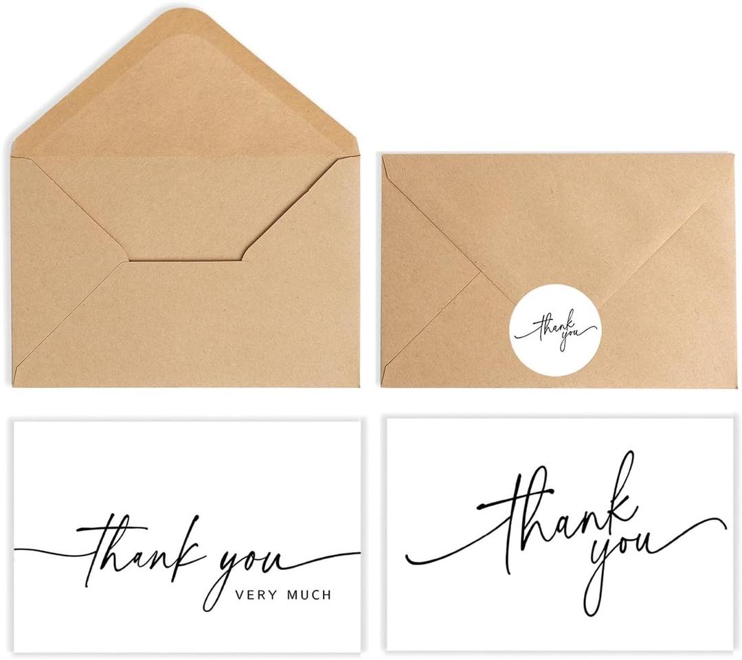 SPIRITDUST 52-pack Thank You Cards Bulk with Kraft Envelopes & Matching Stickers, 3.5x5 Inches, Minimalist Design | Perfect for Business, Weddings, Baby & Bridal Showers, Graduations & Funerals (Pack of 2)