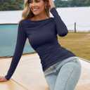 Amoretu Women's Stretchy Boat Neck Ruched Shirt Long Sleeve Going Out Fitted Top (Blue, M)