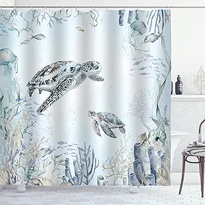Sea Turtle Shower Curtain Teal Blue Ocean Beach Coastal Summer Shower Curtains for Bathroom Waterproof Polyester Fabric Bath Curtain 72 x 72 Inch with 12 Hooks