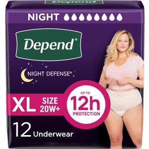 Depend Night Defense Adult Diapers, Incontinence & Postpartum Bladder Leak Underwear for Women, Disposable, Overnight, Extra-Large, Blush, 12 Count