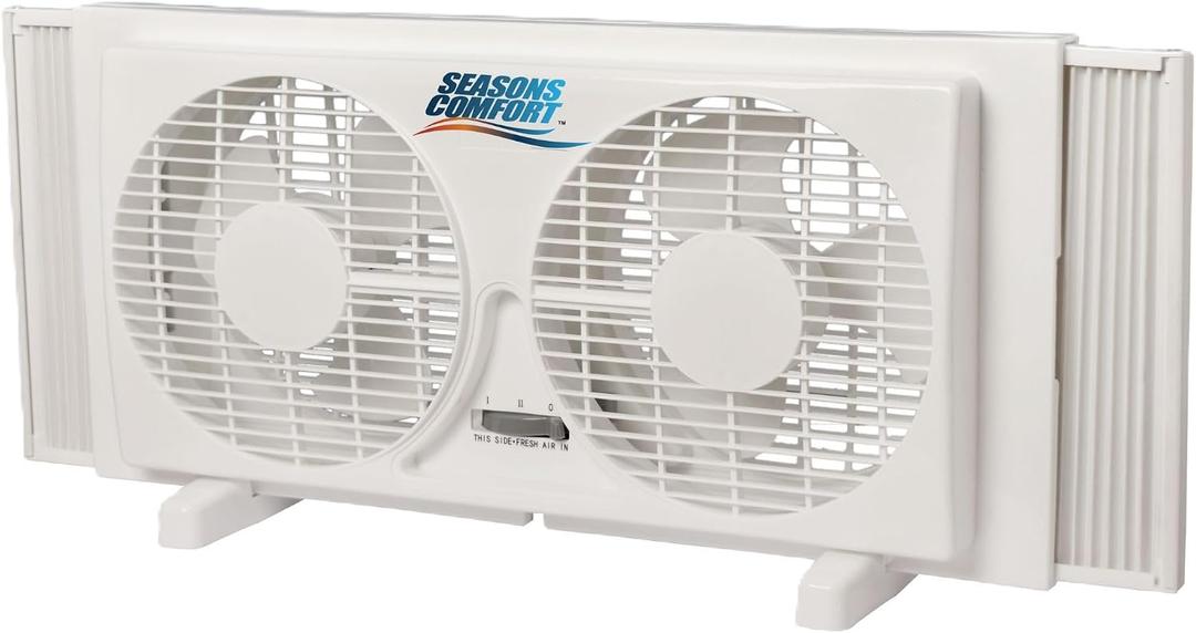 Seasons Comfort Twin Window Fan, Reversible Airflow Control, 9 Inch, 2 Speeds, Expandable, Exhaust, Dual Fan - Ideal for Home, Kitchen, Bedroom & Office, 11.5" H x 22.5" W x 6" D