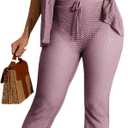 Women's Fashionable 2-Piece Beach Ensemble-Hollow Out Button Top and Drawstring Pants, L