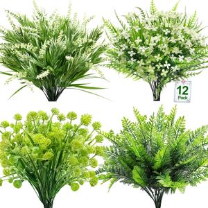TURNMEON Artificial Plants Outdoor Fake Plants UV Resistant No Fade 12 Bundles 4 Styles Faux Plant Plastic Greenery Shrubs Boston Fern Lavender for Outside Gardens Porch Patio Indoor Home Decor