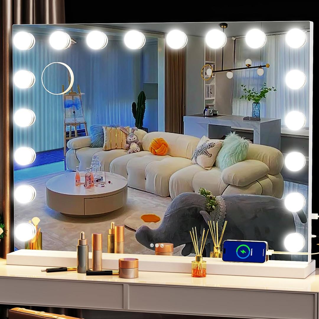 Vanity Mirror with Lights, 32 x 24 Tabletop Hollywood Makeup Mirror, Hollywood Lighted Mirror with 18 Dimmable LED Bulbs,3 Colors Modes, Touch Control, Metal Frame