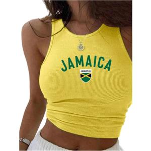 WDIRARA Women's Graphic Print Crop Tank Tops Crew Neck Sleeveless Slim Fit Fashion Top (Large, Yellow Jamaica)