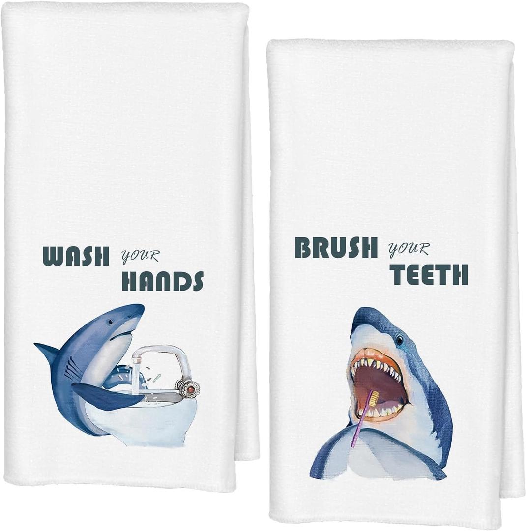 Shark Decor Kids Bathroom Hand Towels Set of 2, Wash Your Hands Decor Hand Towels for Kids Bathroom, Shark Lovers Themed Gifts, 16x24 Inches
